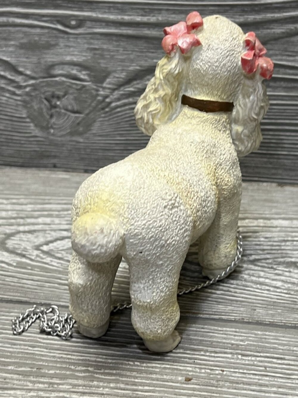 Vintage Retro Textured Poodle Dog Figurine Statue with Chain Pink Bows 5” X 5” - Picture 4 of 6